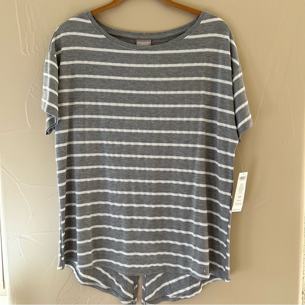NWT Chico’s Zenergy Cute Striped Tee with Tux Tails Back